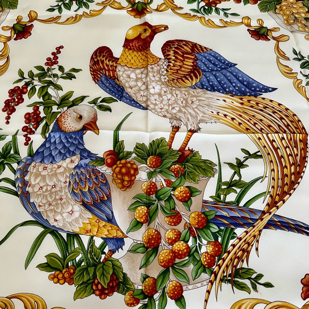 Salvatore Ferragamo Silk Scarf in Cream, Gold, Blue, Green, Brown - Picture 4 of 16